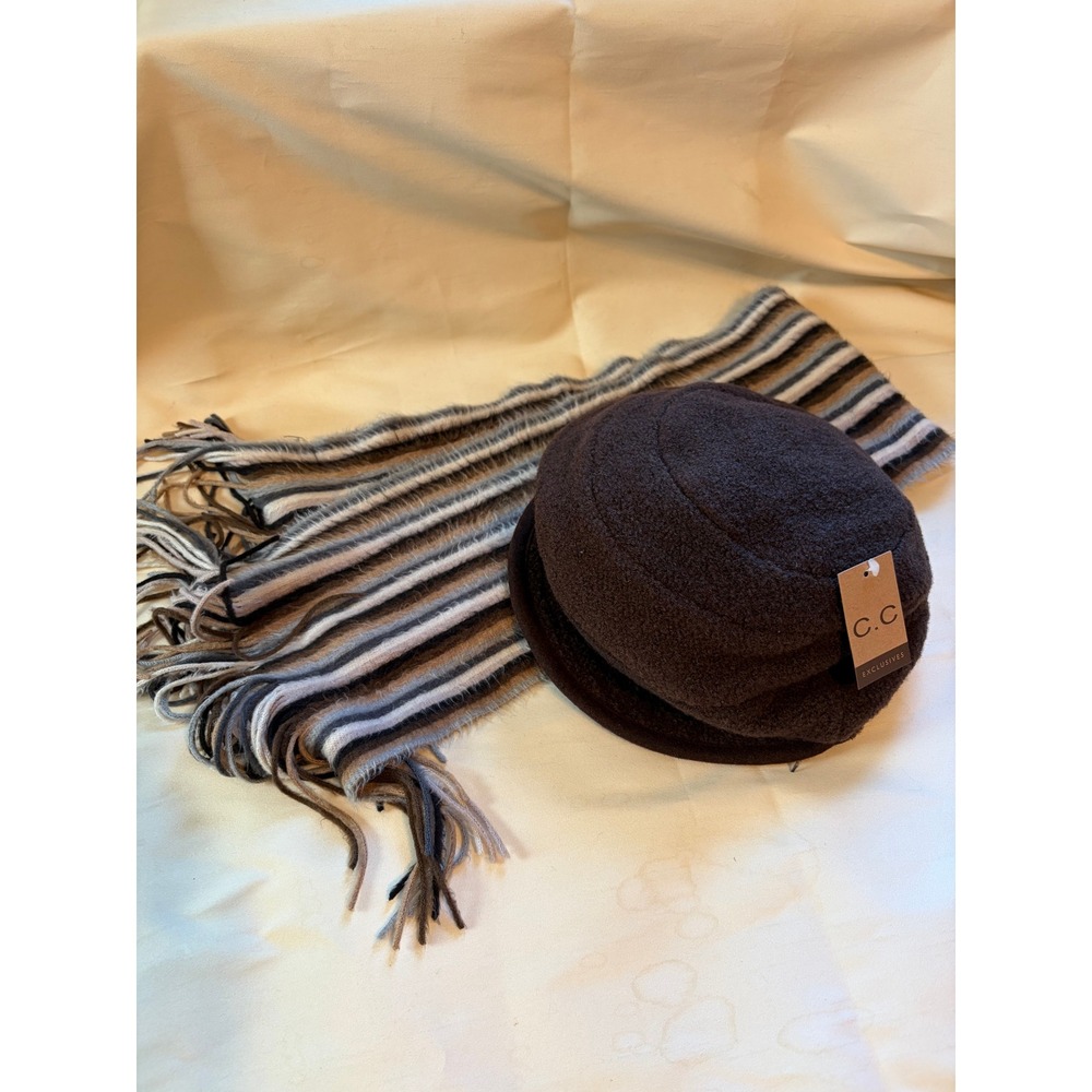 C.C Exclusives Hat and preowned Scarf OS Brown Wool Cloche Striped Fringe Cozy